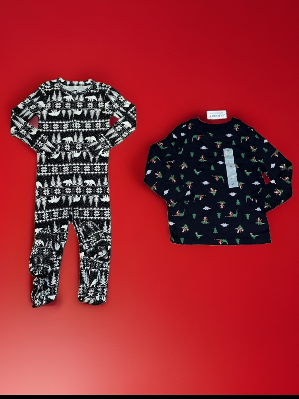 2-Pc OLD NAVY Blue long Sleeve W/Santa riding a dinosaur & BLK & White PJ’s Xmas
